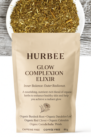 Bag of Hurbee Glow Complexion Elixir with dried herbs on a wooden surface